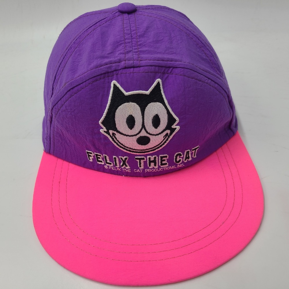 Vintage Felix The Cat‎ Hat Adjustable (Fits Small) Purple Pink Nylon Cartoon 90s